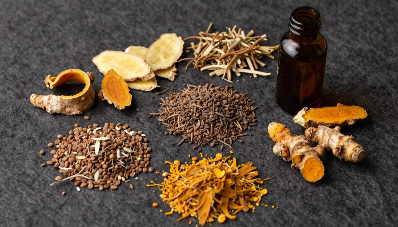 Botanical ingredients arranged on dark woven textile