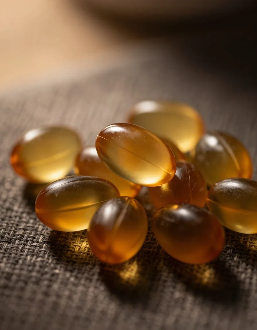 Vitamin capsules and tablets arranged on dark textile