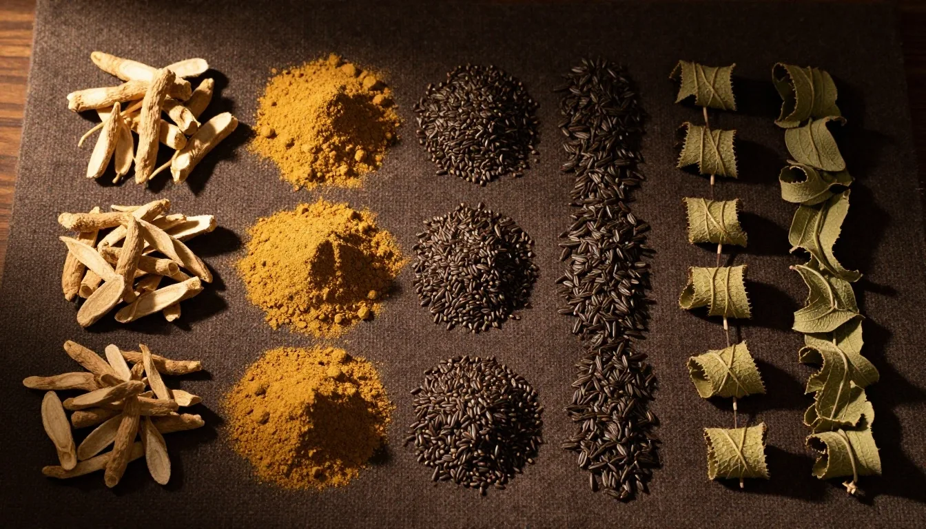 Arranged botanical sorts on dark woven textile