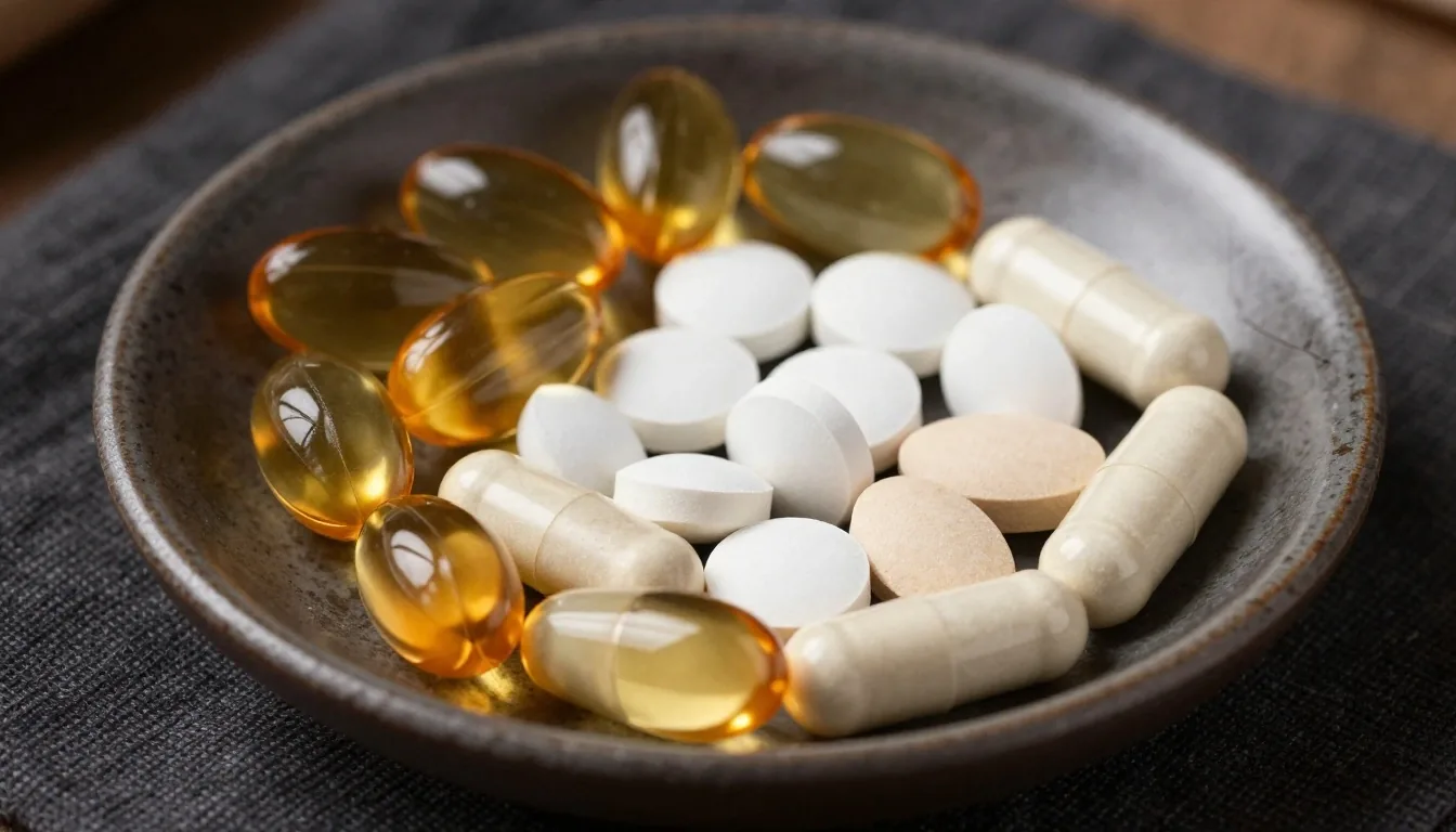 Assorted capsules and tablets arranged on dark textile