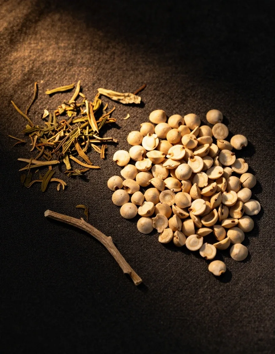 Green tea and ginseng arranged on dark textile