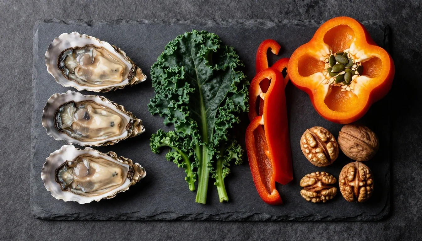 Varied food sources arranged on dark textile